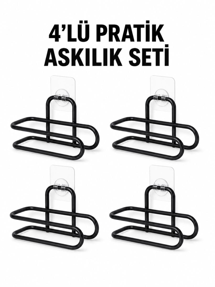Siyah Metal Wc Kağıtlık Yapışkanlı Duvar Tipi Tuvalet Kağıdı Tutucu Seti 4 Adet