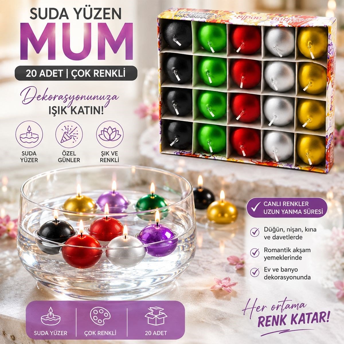 Suda Yüzen Mum 20'li Beyaz ve Renkli