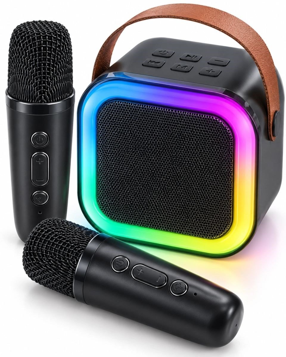 Taşıma Askılı Siyah Led Işıklı Bluetooth Hoparlör Çift Mikrofonlu Karaoke Seti