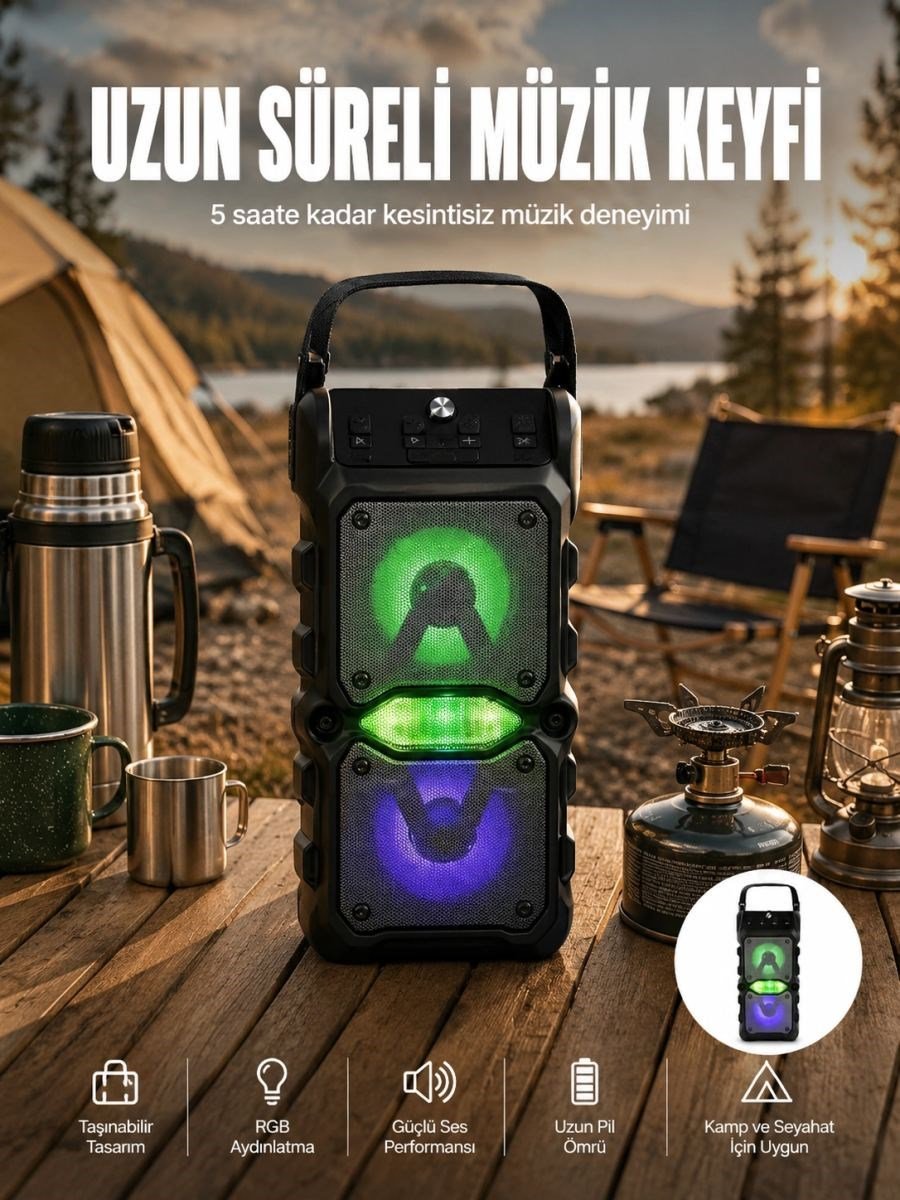 Taşınabilir Kablosuz Bluetooth Hoparlör Uzun Pil Ömrü Led Işıklı Yeni Nesil