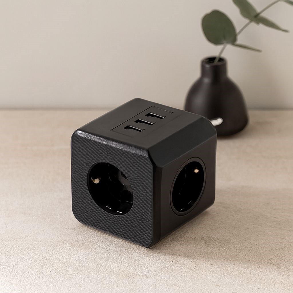 Termal akım korumalı 3'lü duvar prizi (3x USB) - Siyah