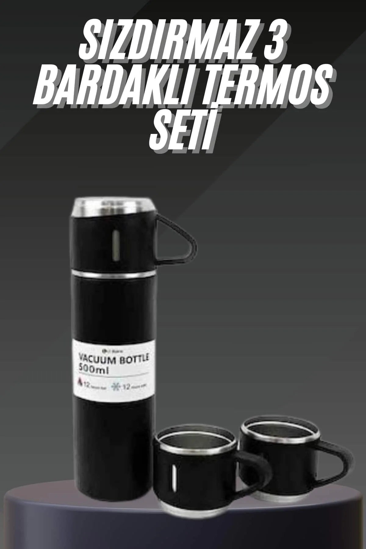 Termos Seti Paslanmaz Çelik 3 Bardaklı Vakumlu Termos Set 500 Ml 12 Saate Kadar Isı Koruma