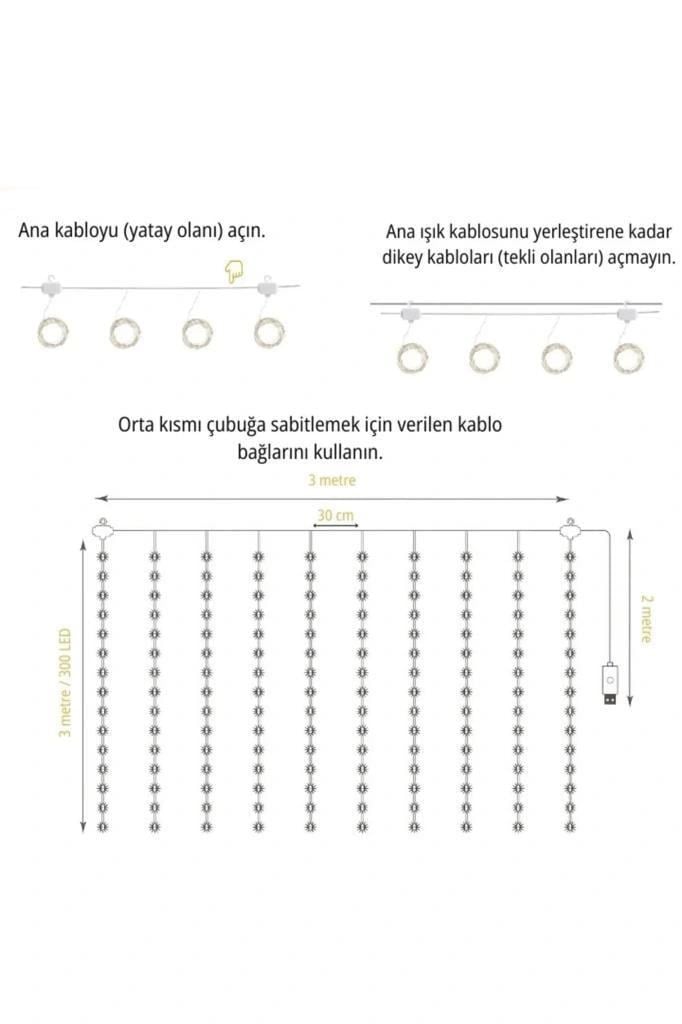 Torima Lw-7 300 Ledli 10 Sarkıt Perde Led Işık, 8 Modlu Uzaktan Kumandalı, 3x3 Metre Peri Telli Led