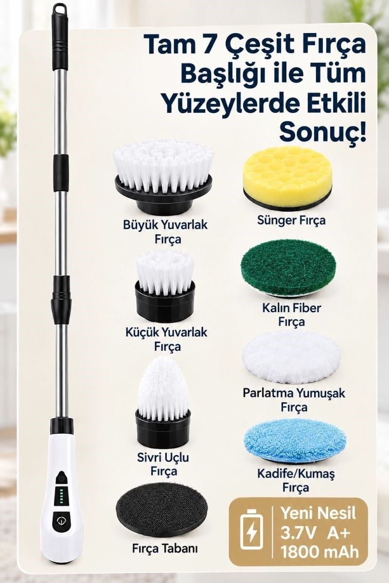 Turbo Clean Elektrikli Temizlik Fırçası 7 Başlıklı Kablosuz Şarjlı Döner Fırça