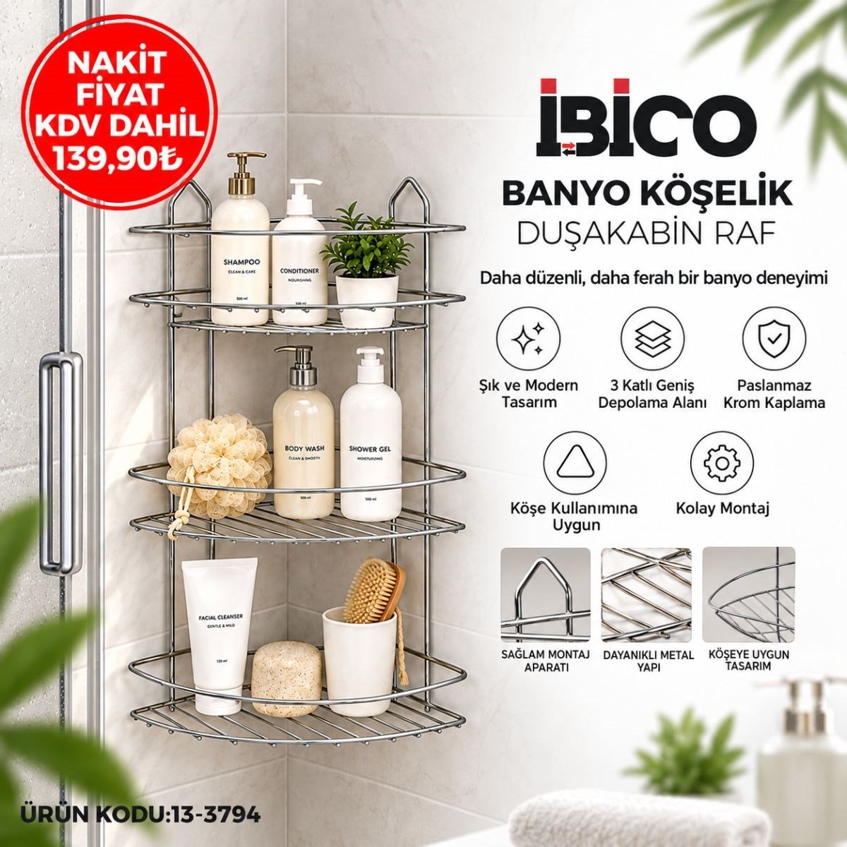 Üç Katlı Üçgen Metal Banyo Köşeliği Krom