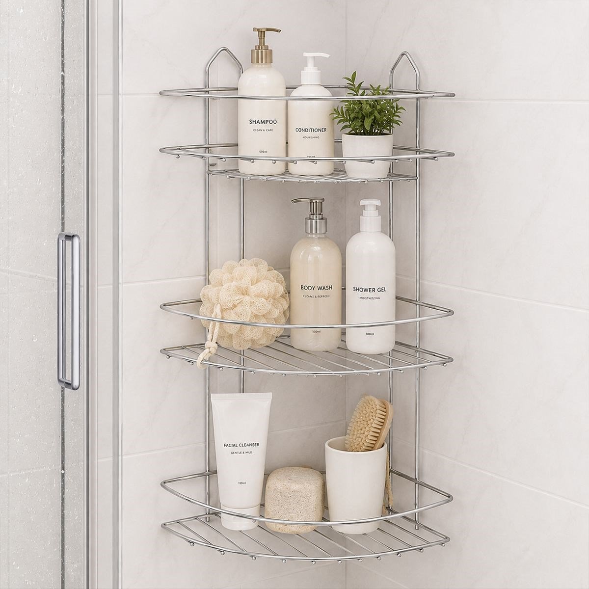 Üç Katlı Üçgen Metal Banyo Köşeliği Krom