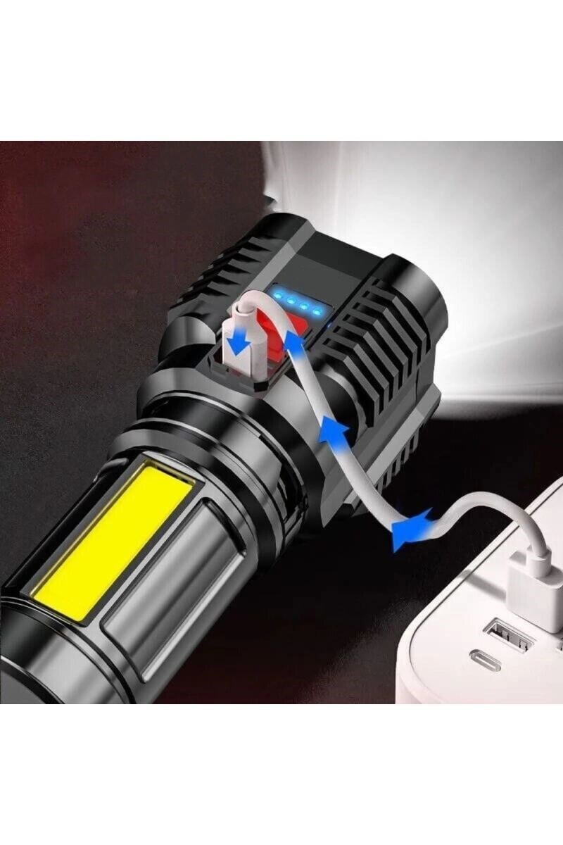 Ultra Parlak El Feneri Usb Şarj 4 Led+yan Cob Led Taktik Günlük Hayat Kamp Avcılık El Feneri