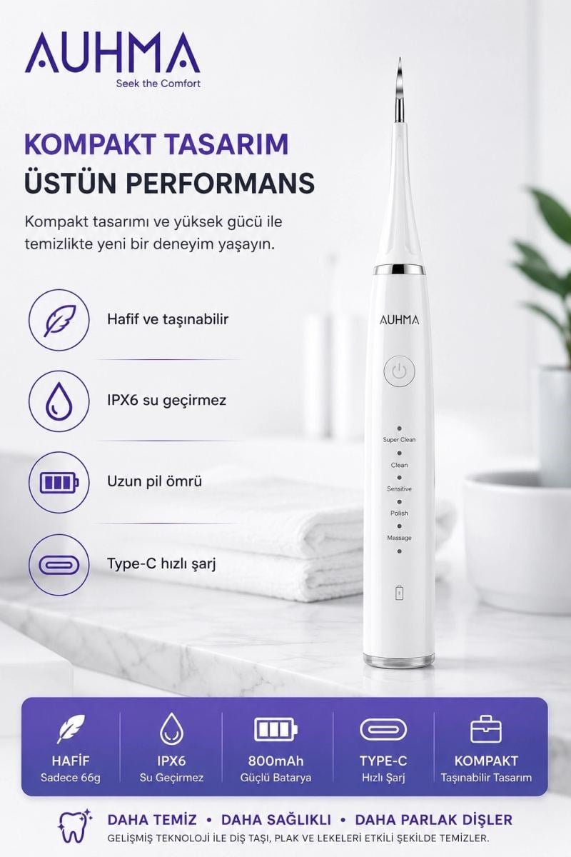 Ultrasonic  şarjlı Elektrikli Akıllı Diş temizleme Cihazı Beyazlatıcı 5 Mod 3+1 Başlık, Ipx8 Su Geçirmez Beyaz