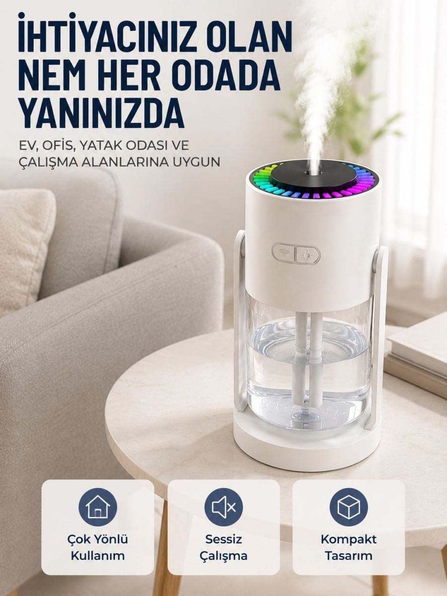Ultrasonik Hava Nemlendirici Renkli Led Işıklı Sessiz Oda Nemlendirme Cihazı