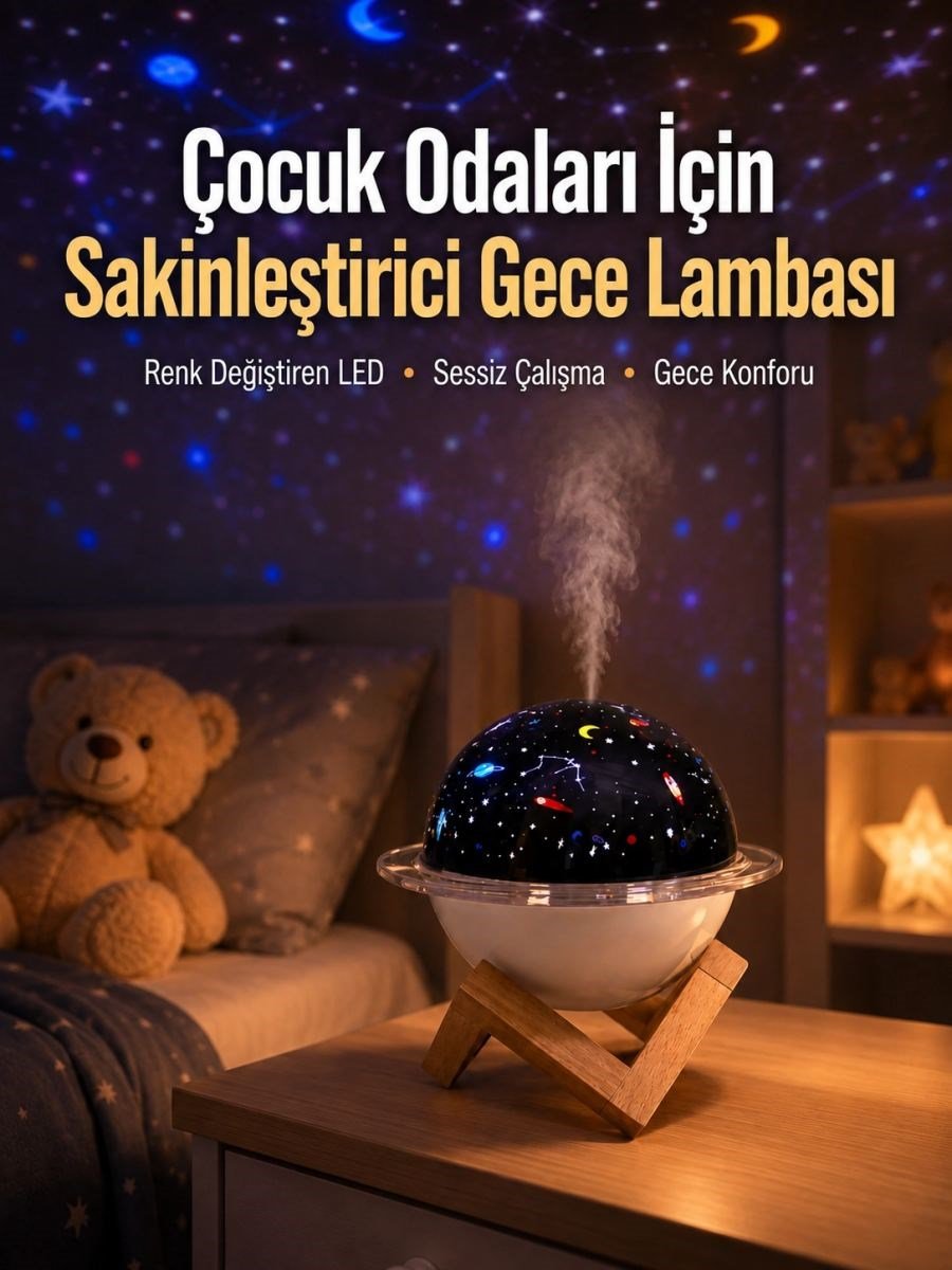 Usb İle Çalışan Projektörlü Aromaterapi Nemlendirici Masaüstü Kullanım İçin Uygun
