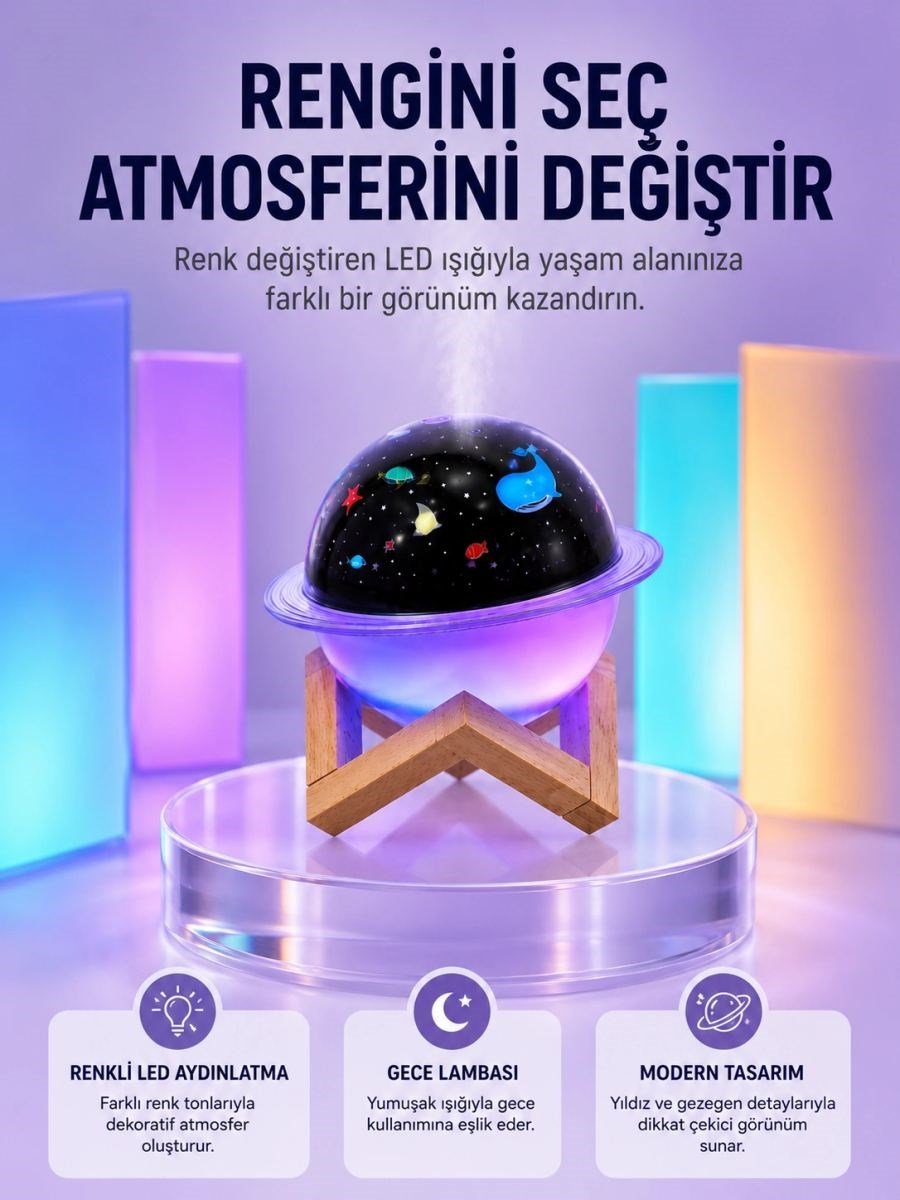 Usb İle Çalışan Projektörlü Aromaterapi Nemlendirici Masaüstü Kullanım İçin Uygun