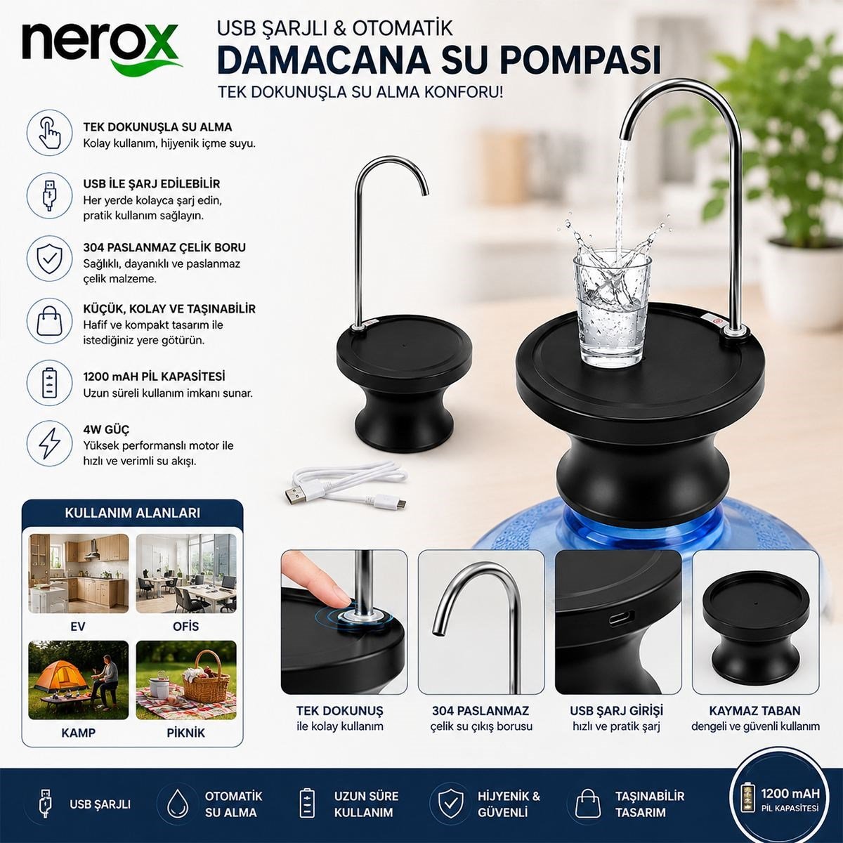 USB Şarjlı Otomatik Damacana Su Pompası 360° Başlıklı Standlı