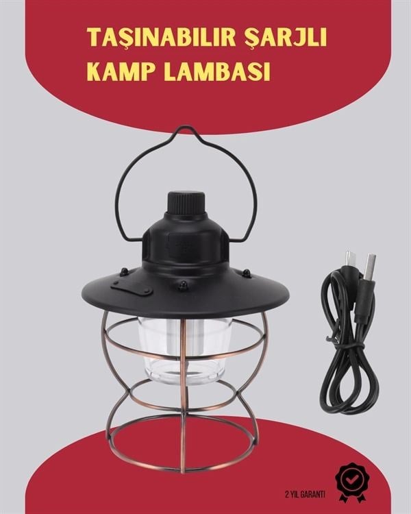 Usb Şarjlı Retro Led Kamp Feneri – 4 Işık Modu, Su Geçirmez, Taşınabilir