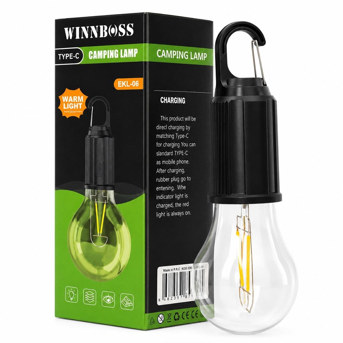 USB Şarjlı Rustik Kamp Lambası - 3 Kademe, Mandallı Askılı