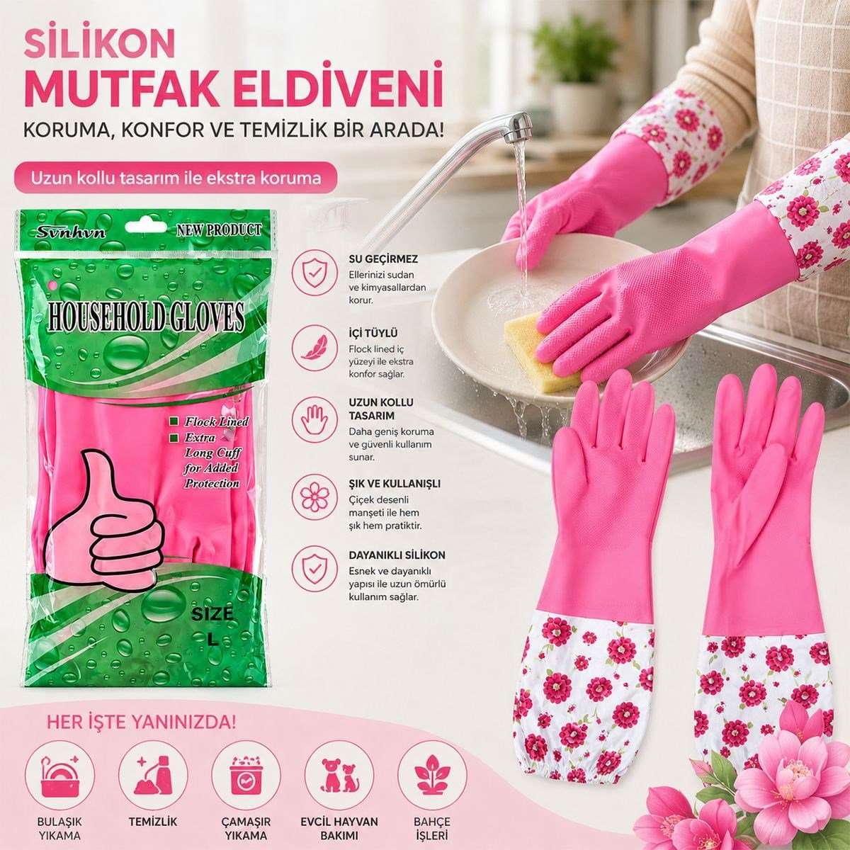 Uzun Kollu Su Geçirmez Silikon Eldiven Çiçek Desenli L