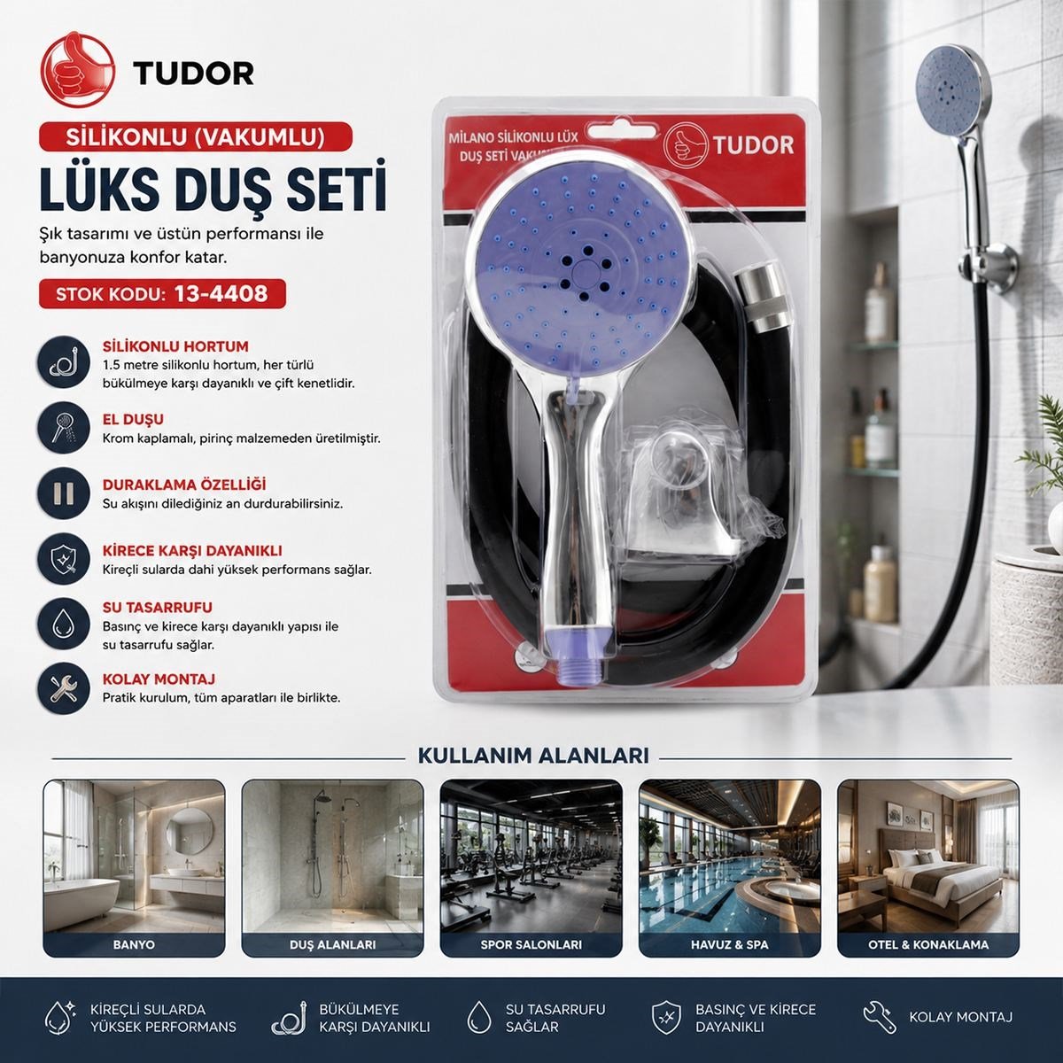 Vakumlu Silikon Lüks Duş Seti 1.5m - Çok Fonksiyonlu Duş Başlığı, 3 Kademe Mafsal