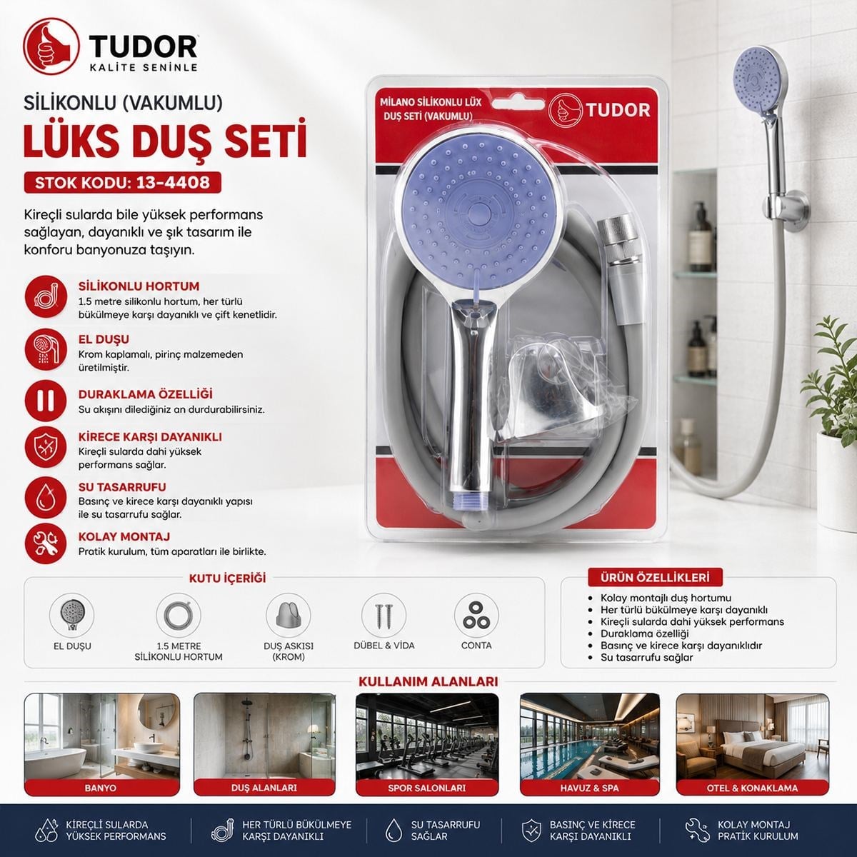 Vakumlu Silikon Lüks Duş Seti 1.5m - Çok Fonksiyonlu Duş Başlığı, 3 Kademe Mafsal