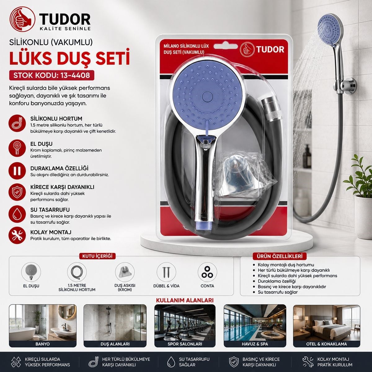 Vakumlu Silikon Lüks Duş Seti 1.5m - Çok Fonksiyonlu Duş Başlığı, 3 Kademe Mafsal