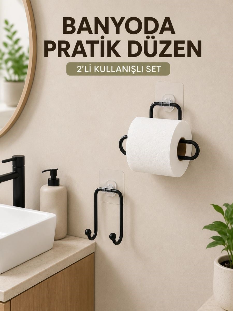 Vidasız Banyo Seti Yapışkanlı Tuvalet Kağıdı Tutucu Ve Havlu Askısı 2’li Set