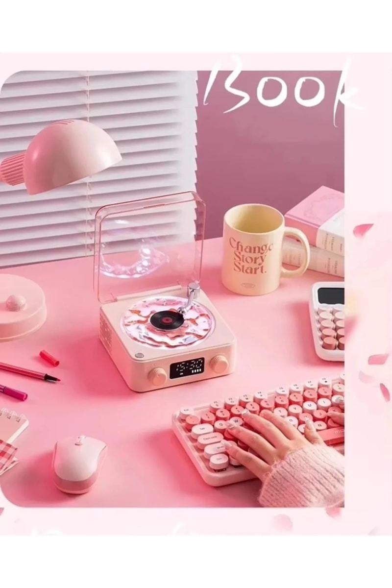Waves Nostalji Plak Görünümlü Bluetooth Hoparlör 3d Ses Dalgası Retro Müzik Plak Pembe