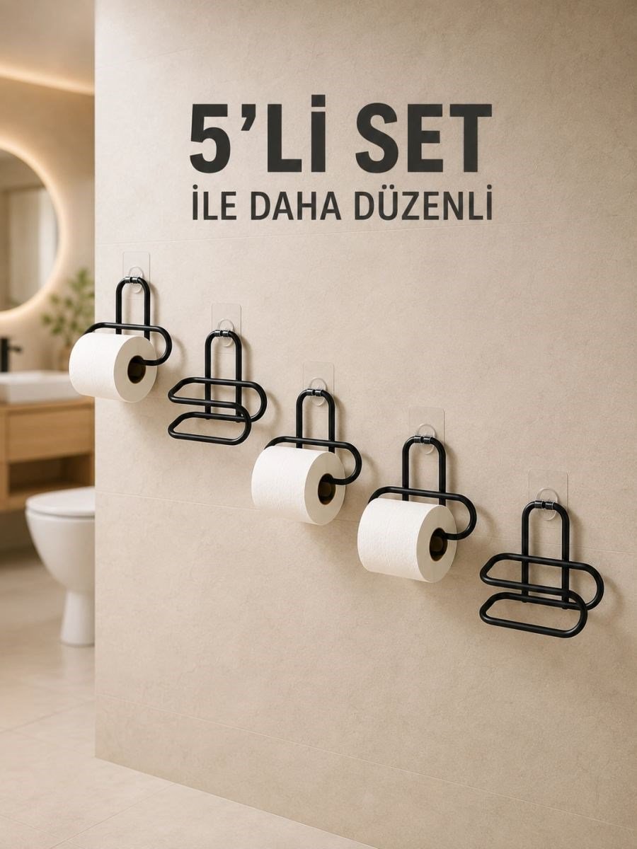 Yapışkanlı Tuvalet Kağıdı Askısı Siyah Metal Delmeden Montaj Wc Kağıtlık 5 Adet