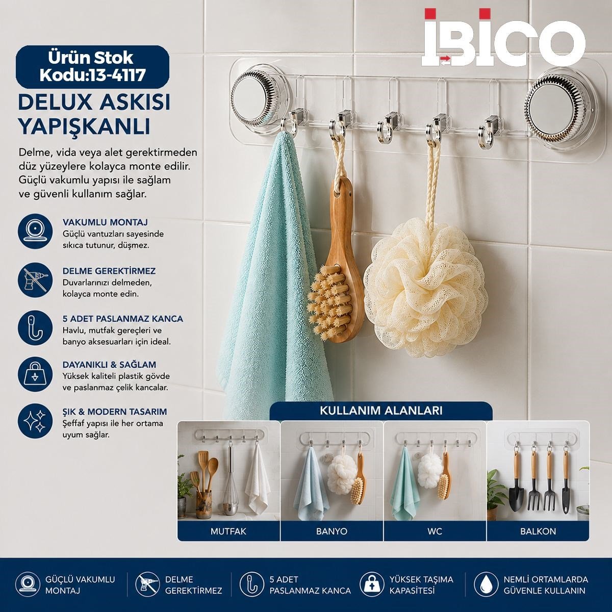 Yapışkanlı Vantuzlu 5 Kollu Plastik Askı