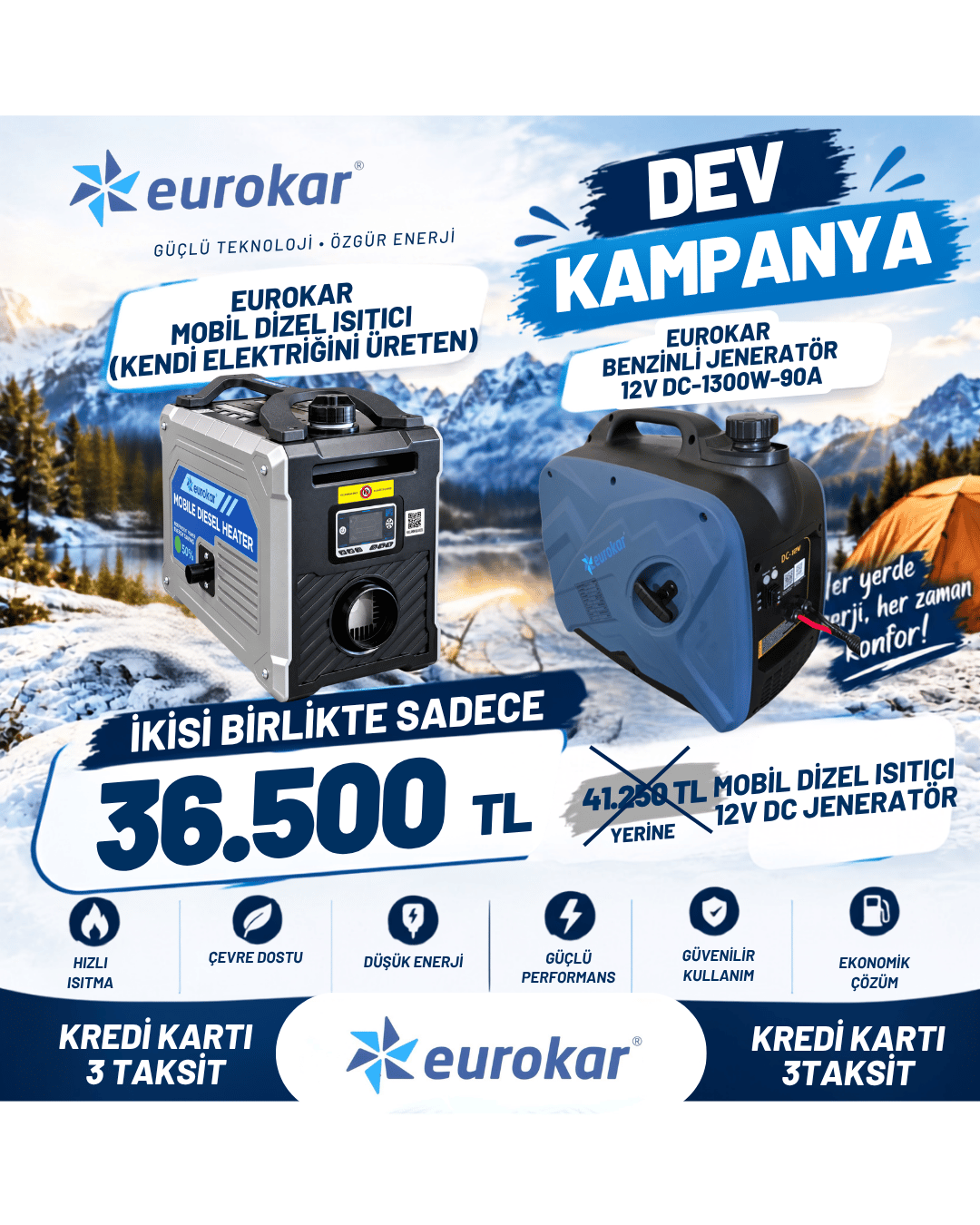 EUROKAR MOBİL DİZEL ISITICI(KENDİ ELEKTRİĞİNİ ÜRETEN)-EUROKAR 12V DC Benzinli Portatif Jeneratör - 1300W 90A Akü Şarj Cihazı (Karavan, Tekne)