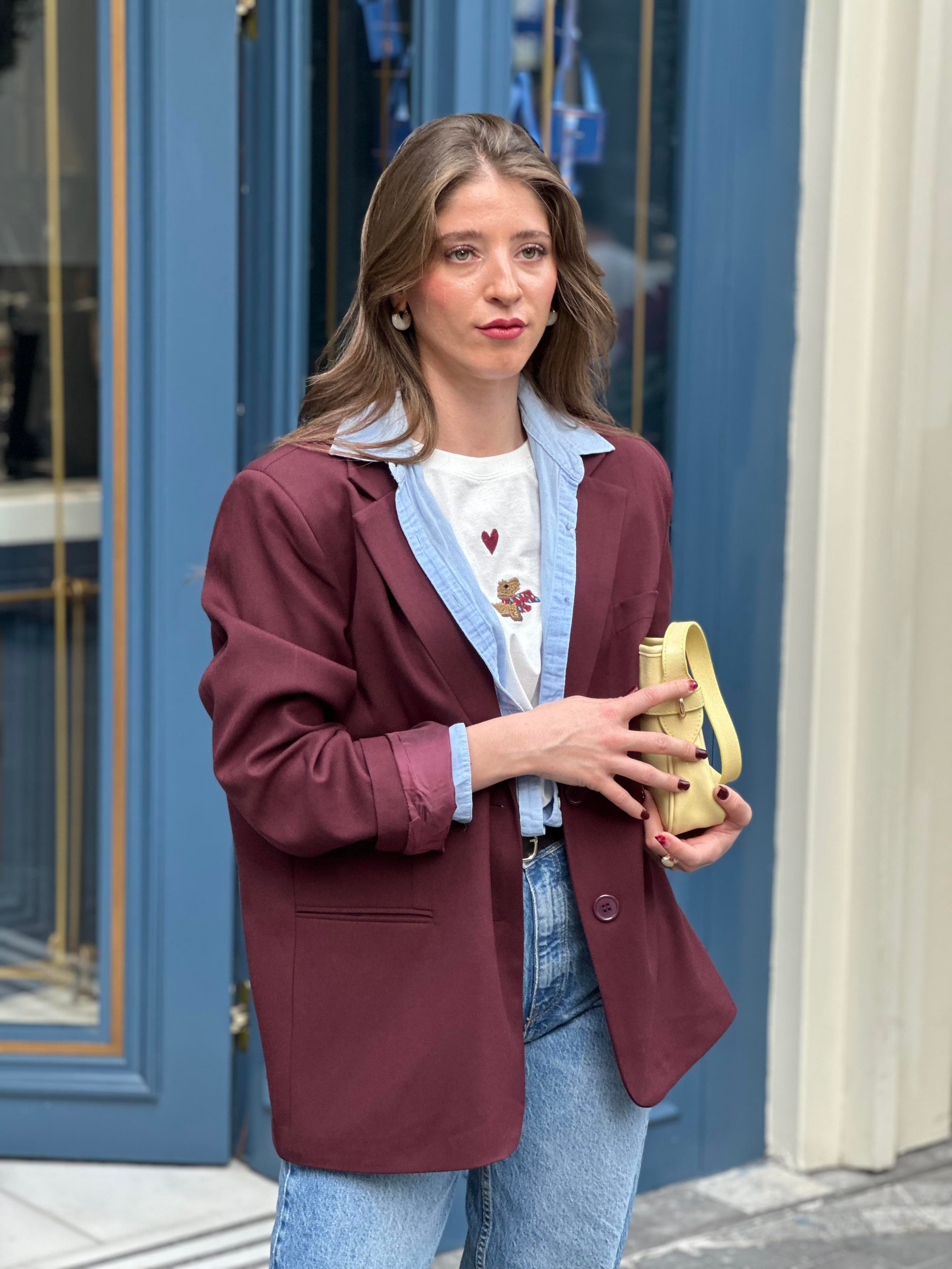 Merlot Blazer- Bordo Oversize Ceket -Ceket