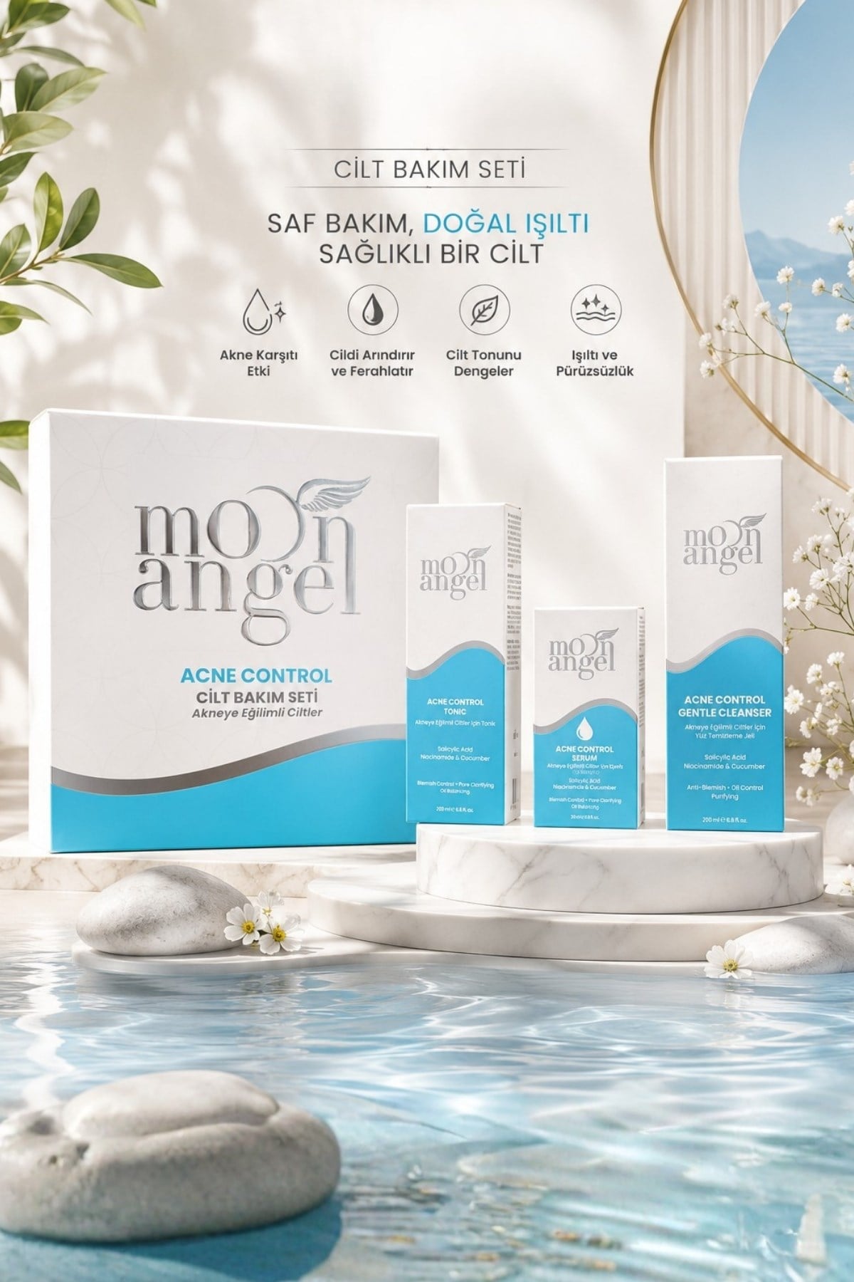 Moon Angel Acne Control 3`lü Cilt Bakım Seti Akneye Eğilimli Ciltler İçin Temizleyici Jel, Tonik ve Serum SetiMoon Angel