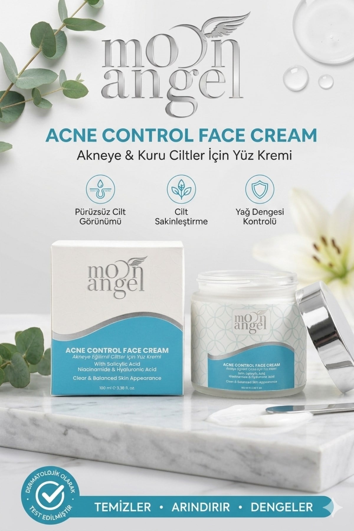 Moon Angel Acne Control Krem 100 ml Akneye Eğilimli Ciltler İçin Nemlendirici Yüz Bakım Kremi (Niacinamide & Hyaluronic Acid)Moon Angel