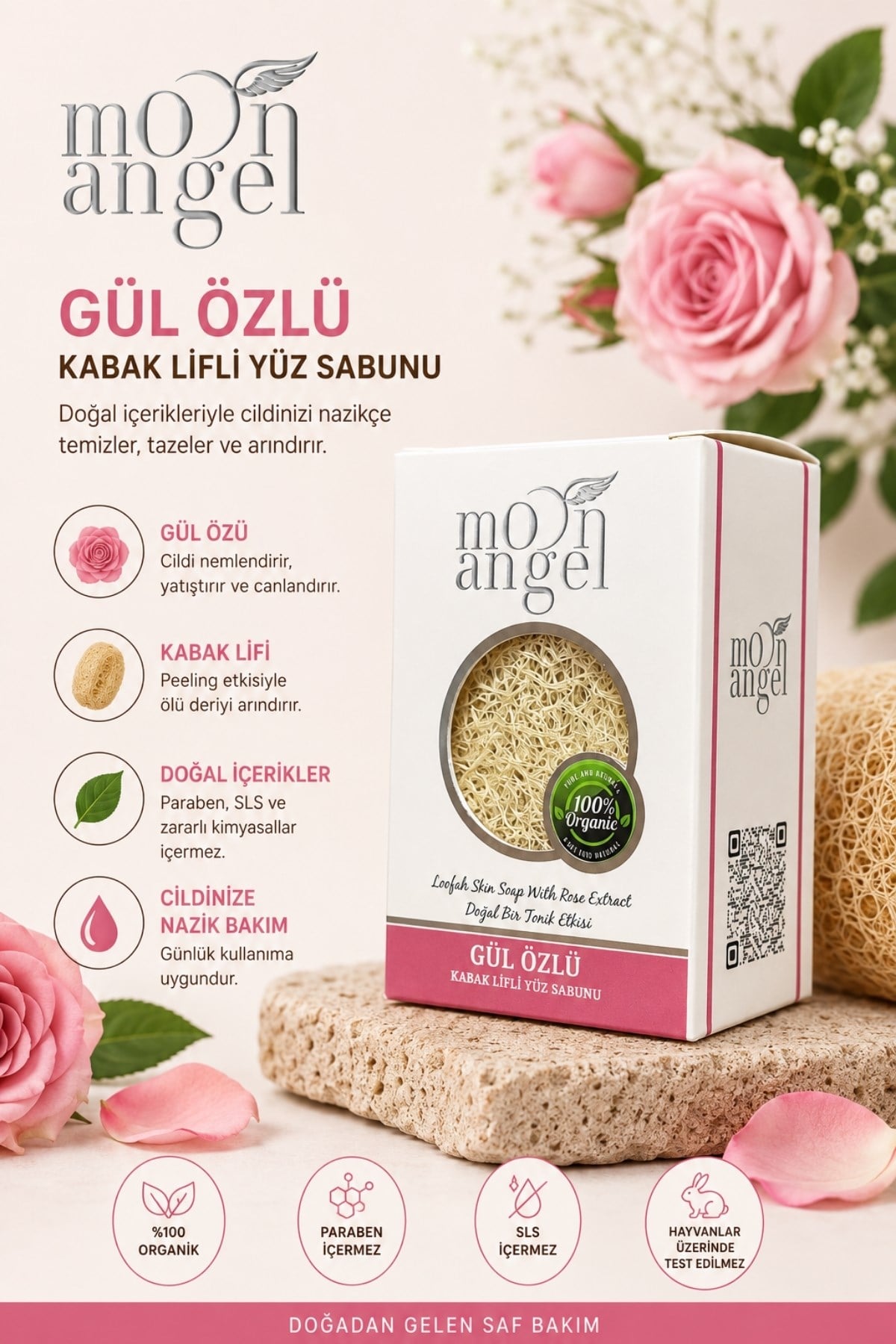 Moon Angel Kabak Lifli Sabun Gül Özlü Nemlendirici ve Yatıştırıcı Cilt Bakım Sabunu Moon Angel