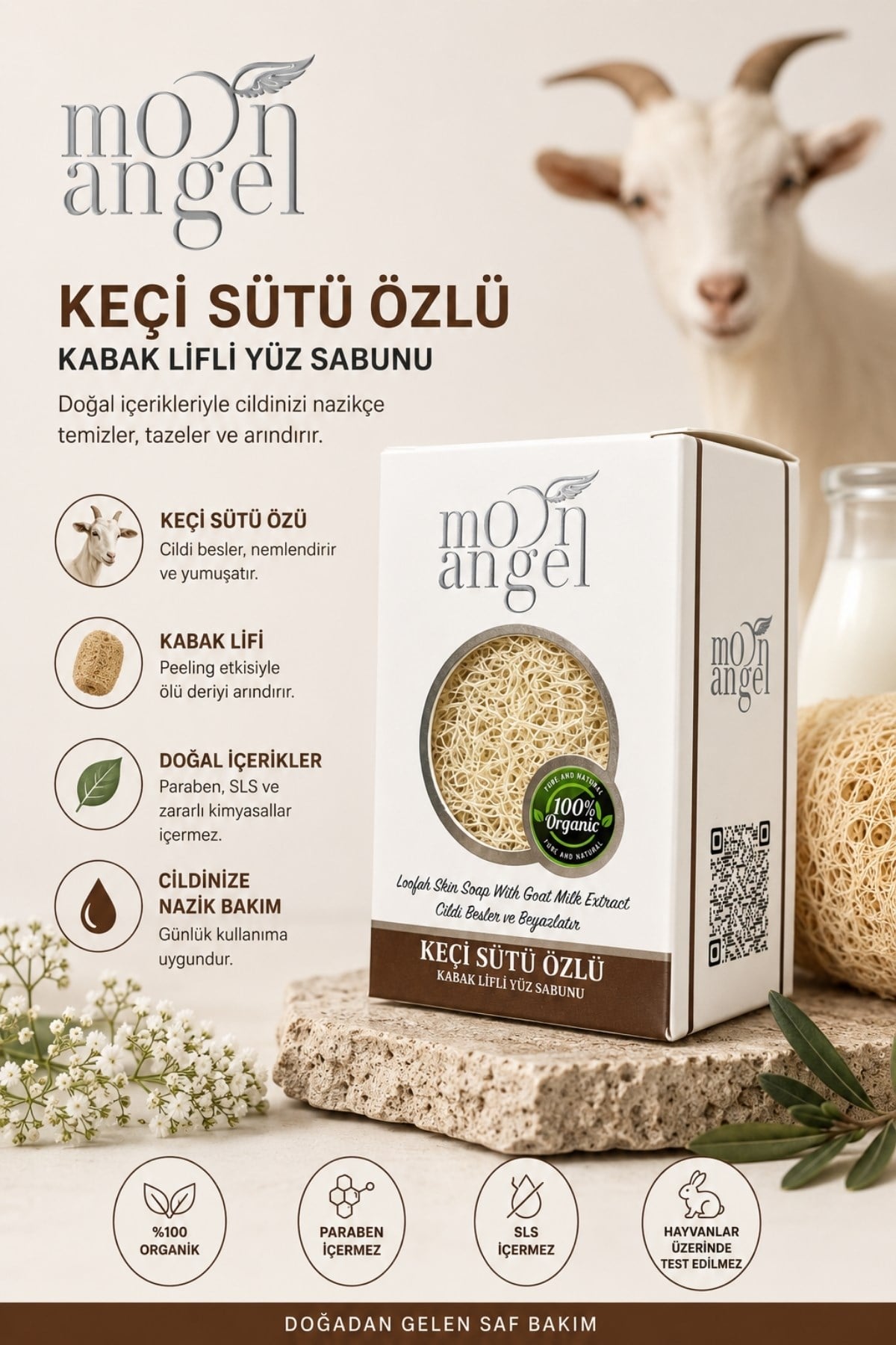 Moon Angel Kabak Lifli Sabun Keçi Sütü Özlü Temizleyici ve Nemlendirici Cilt Bakım Sabunu Moon Angel