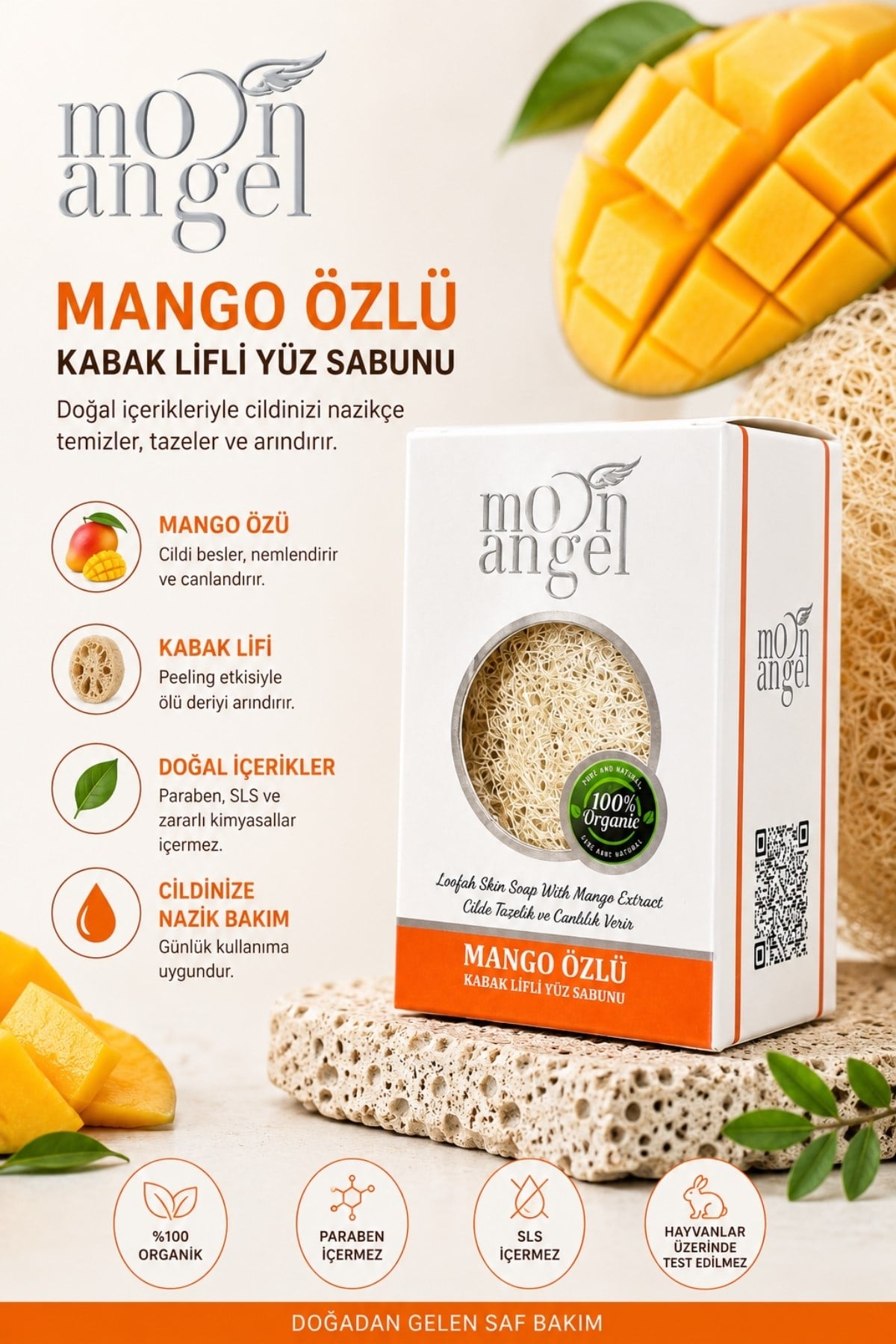 Moon Angel Kabak Lifli Sabun Mango Özlü Nemlendirici ve Besleyici Cilt Bakım Sabunu Moon Angel