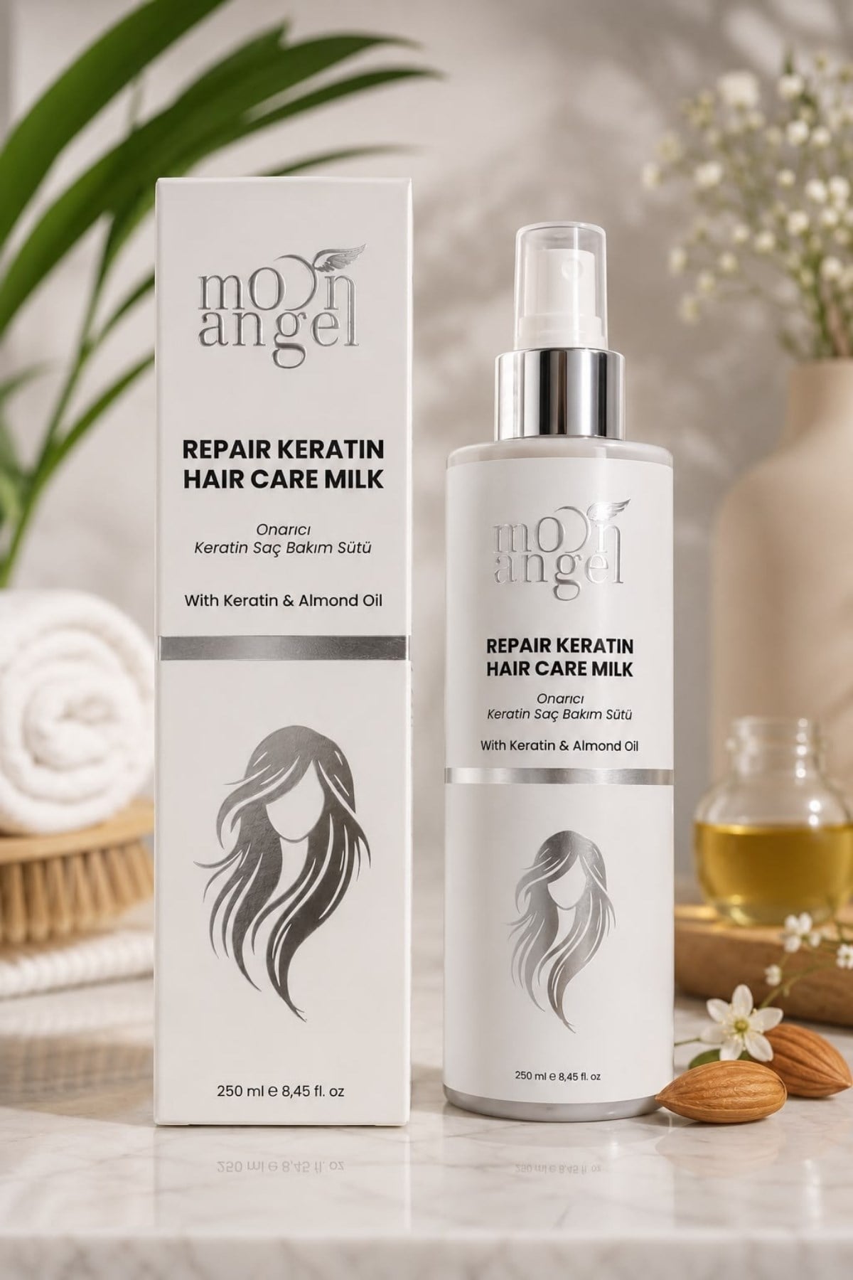 Moon Angel Keratin Saç Bakım Sütü Yıpranmış Saçlar İçin Onarıcı Durulanmayan Saç Bakım Spreyi 250 mlMoon Angel