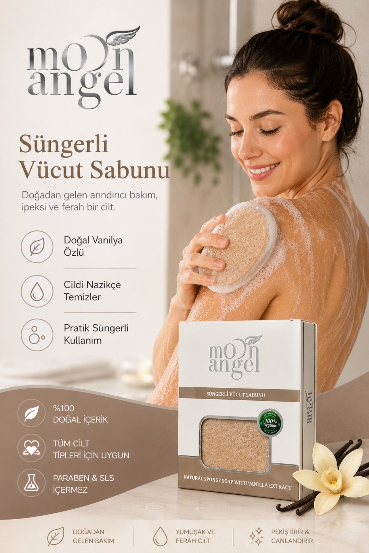Moon Angel Süngerli Sabun Doğal Güzellik Vanilla Extract Vücut SabunuMoon Angel