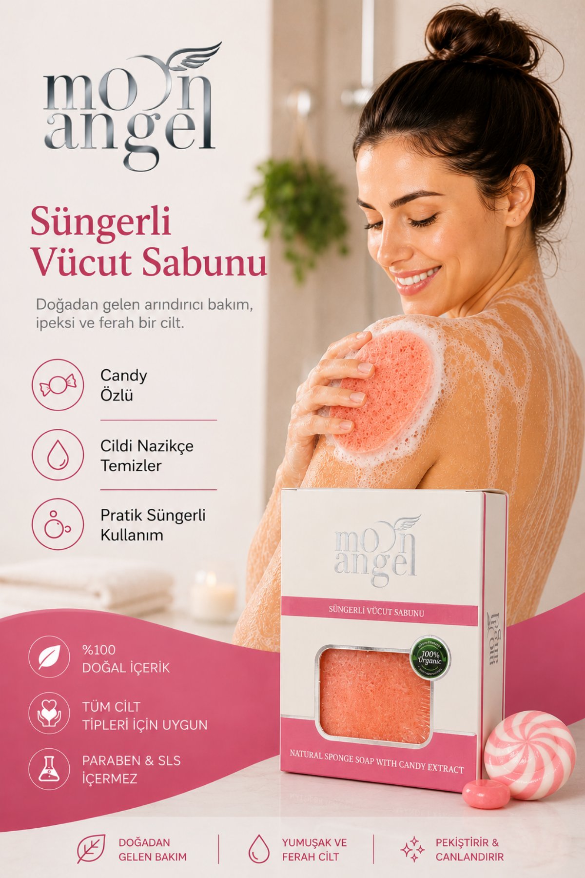 Moon Angel Süngerli Sabun Doğal Güzellik Candy Extract Vücut SabunuMoon Angel