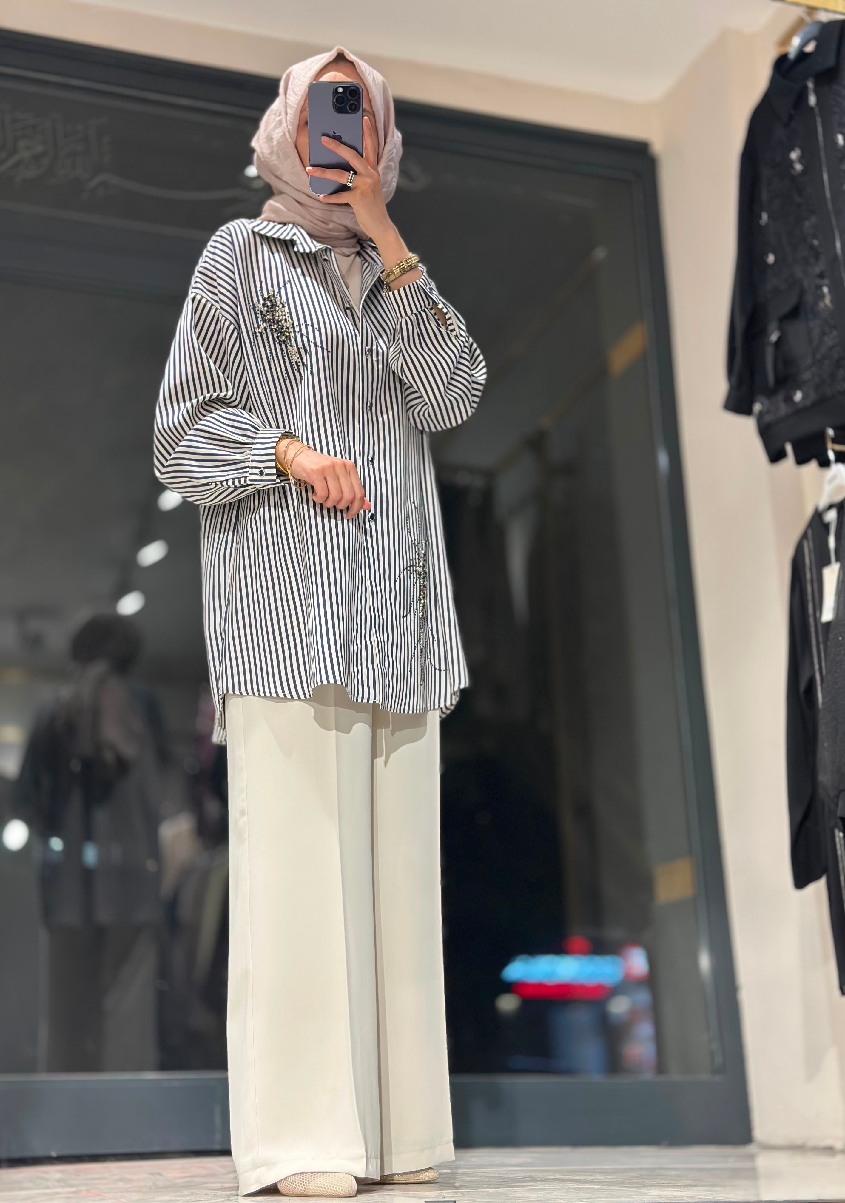 T1080 ÇİZGİLİ TAŞLI GÖMLEK