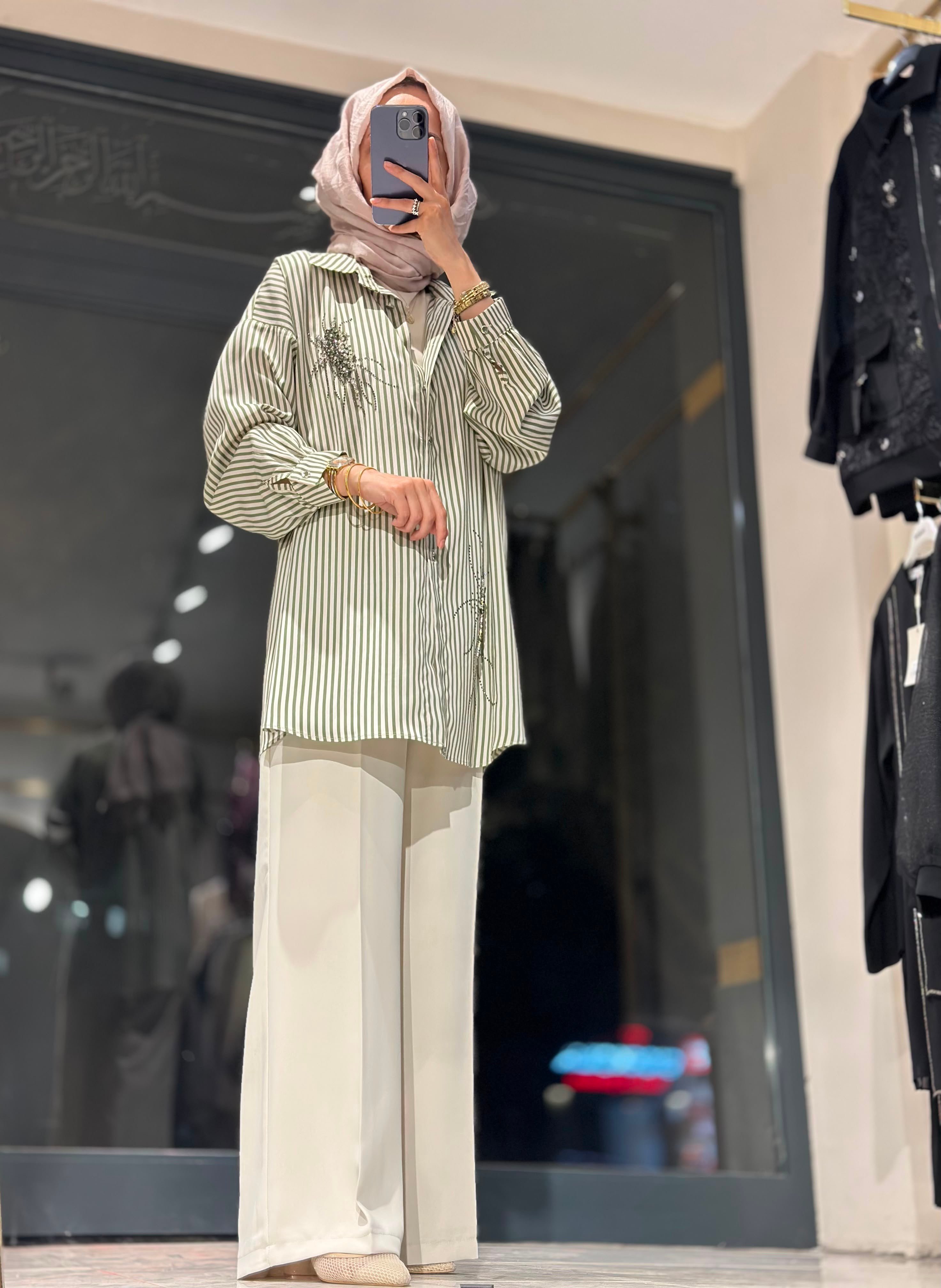 T1080 ÇİZGİLİ TAŞLI GÖMLEK