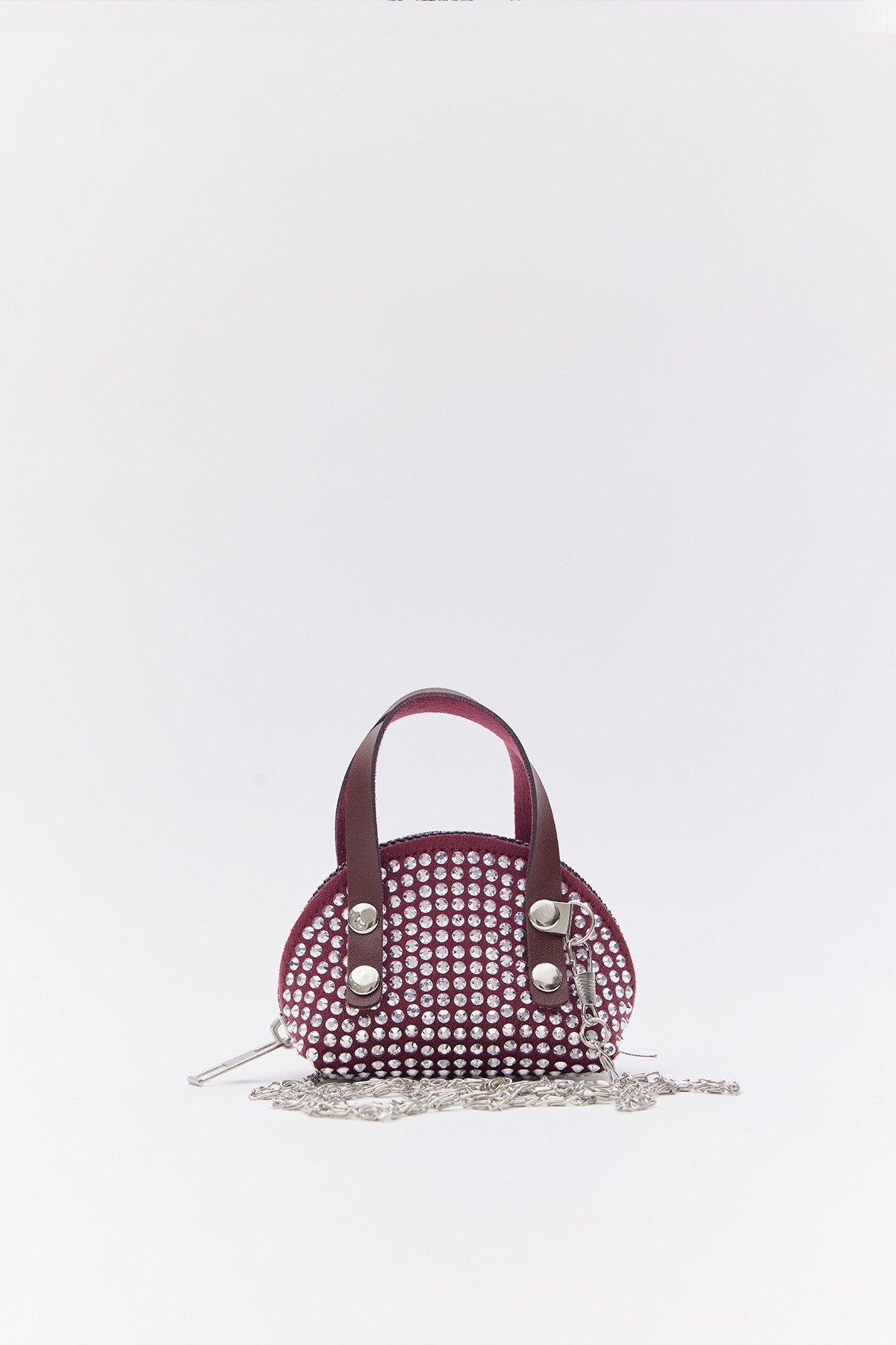 Bordo D12 Taşlı Mini Boy Zincirli Tek Bölmeli Suni Deri Kadın Cüzdan B:7 E:10 G:6