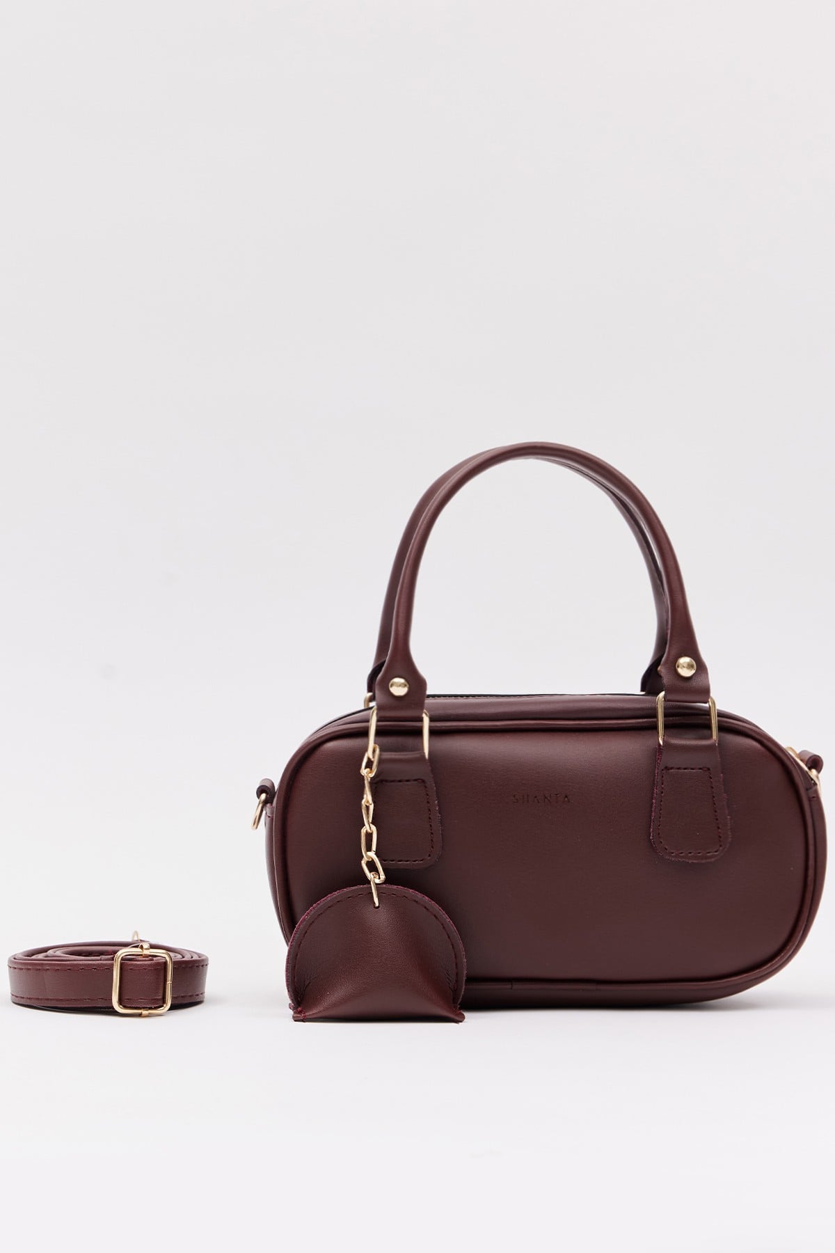 Bordo D20 Tek Fermuar Bölmeli Ayarlanabilir Askılı Mini Charm Detaylı Kadın El ve Omuz Çantası