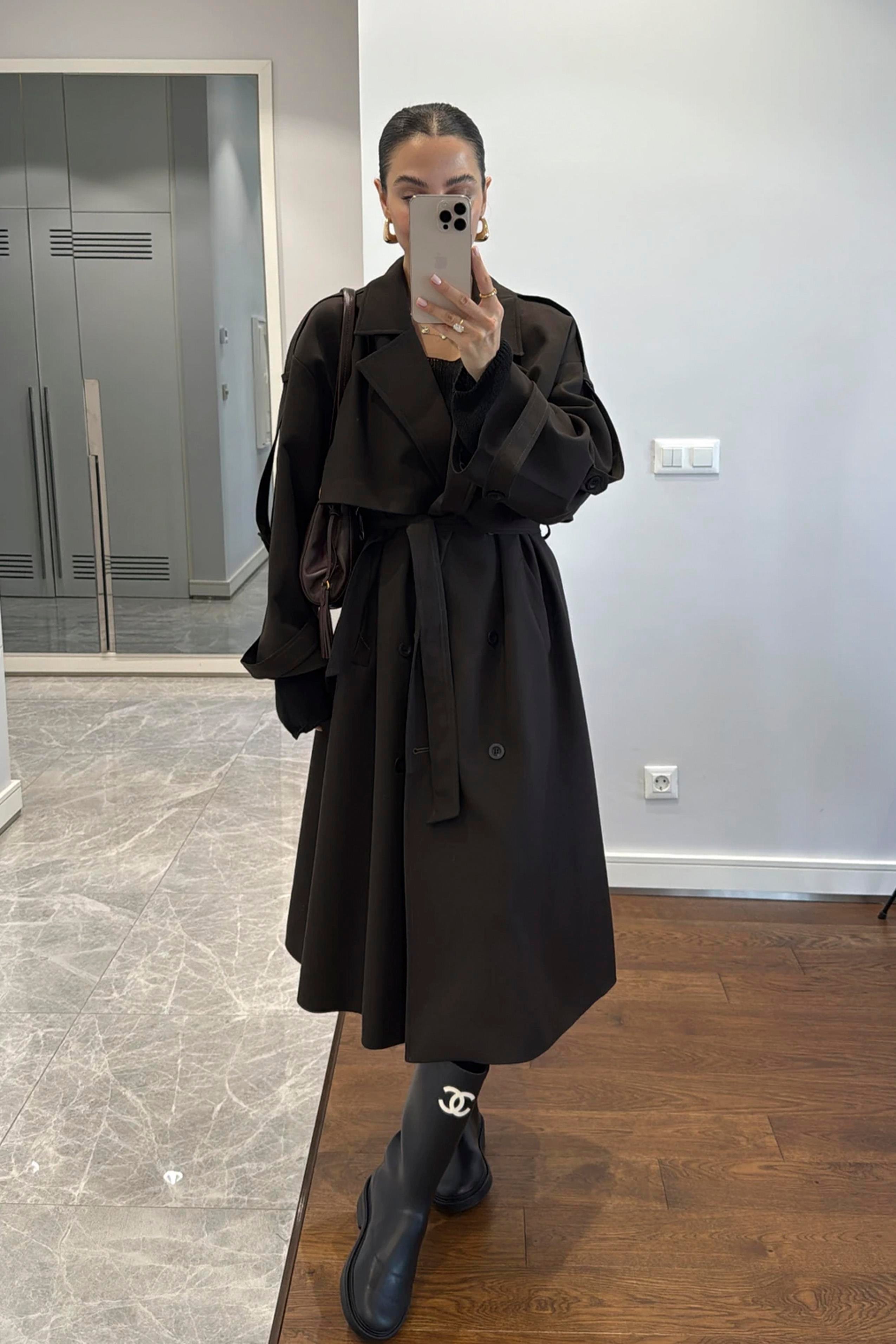 Acı Kahve Kruvaze Detaylı Oversize Trençkot