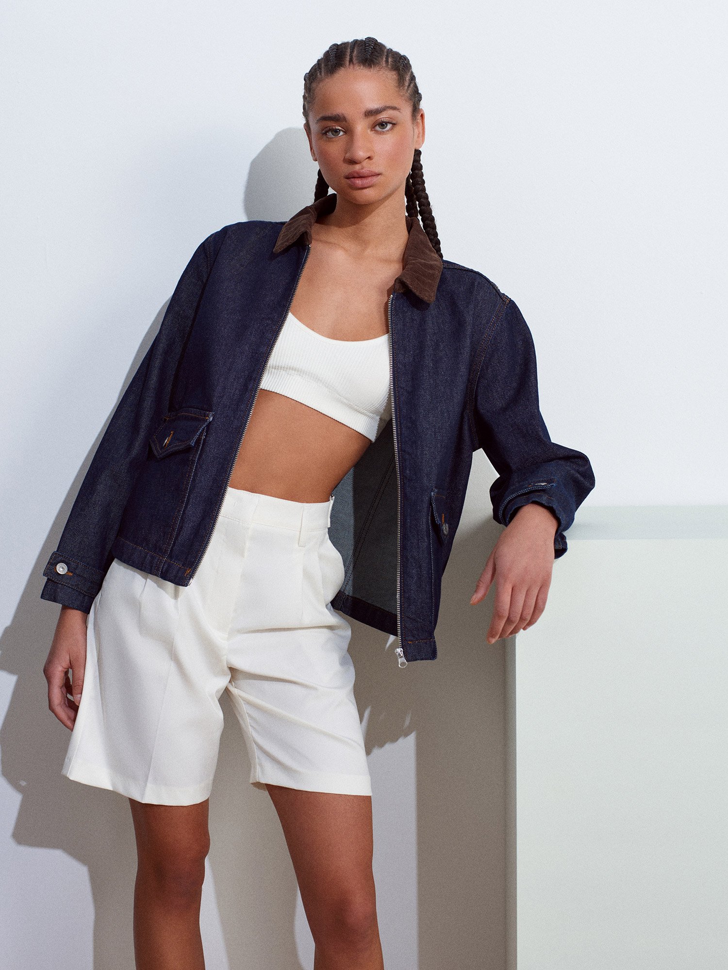 Kadife Yakalı Fermuarlı Denim Mont - Lacivert