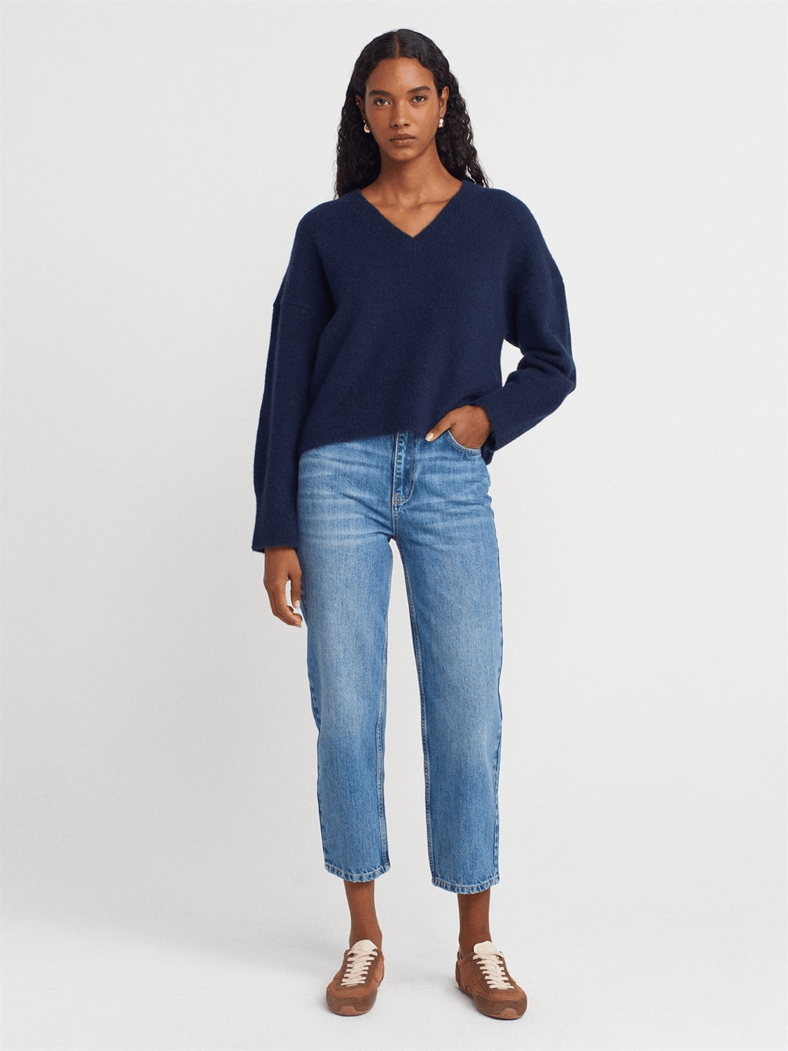 Taşlanmış Relax Fit Denim Pantolon-Mavi