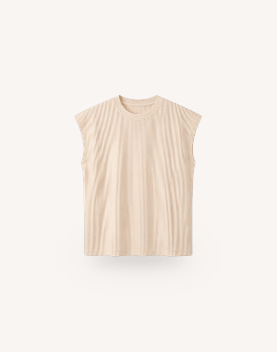  Oversize Fitilli Kolsuz T-Shirt Bej