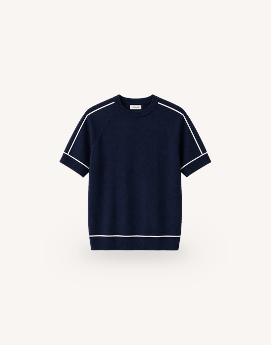 Bisiklet Yaka Lacivert Triko Kumaş Detaylı Tshirt