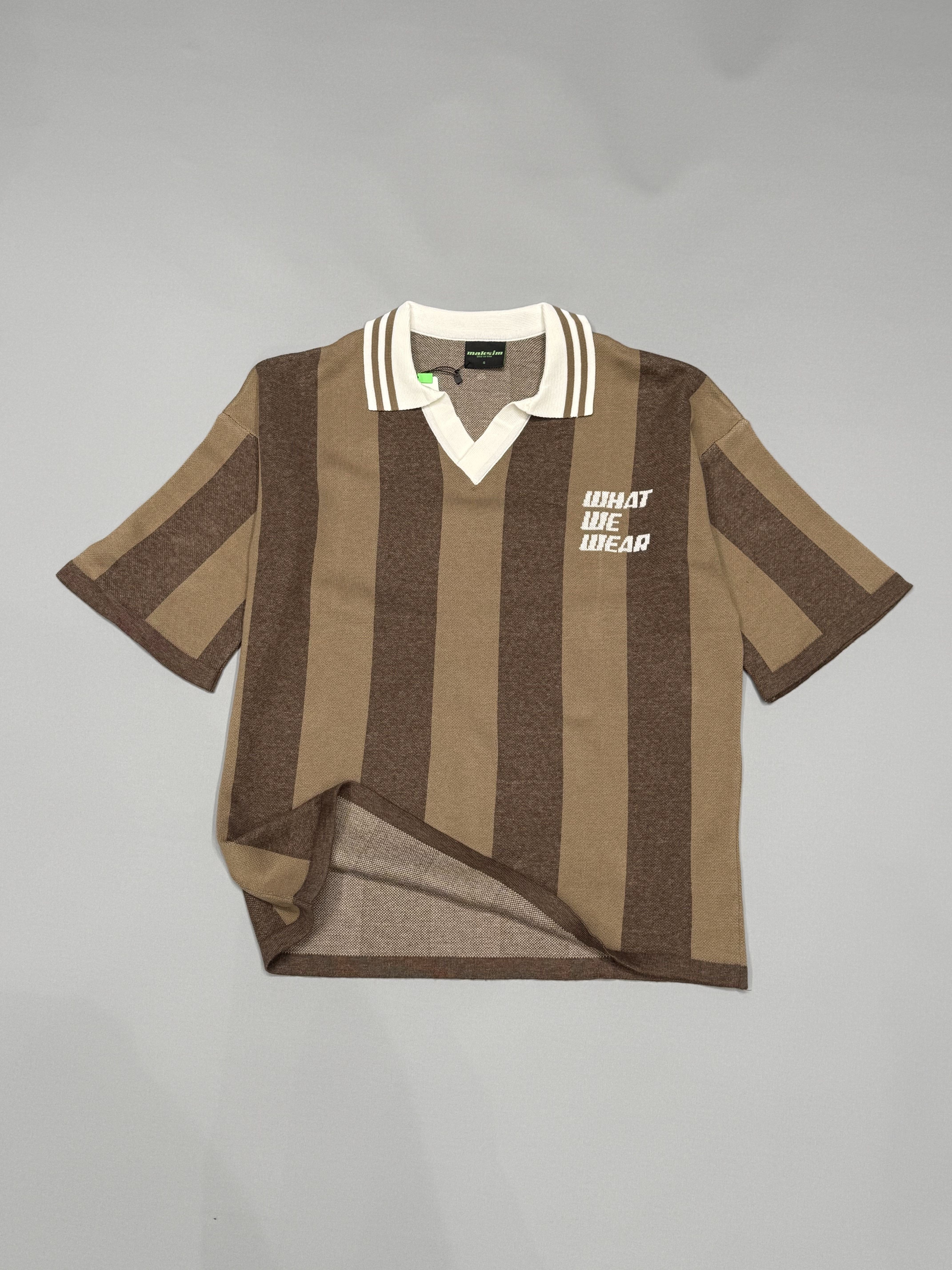 Kahverengi Dikey Çizgili Oversize Polo Yaka Triko