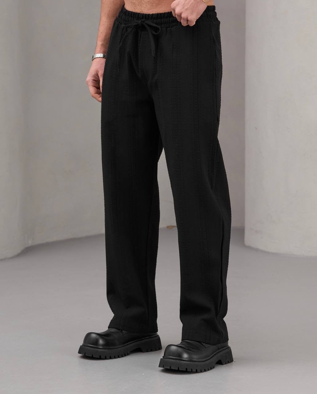 Siyah Nakışlı Baggy Keten Pantolon