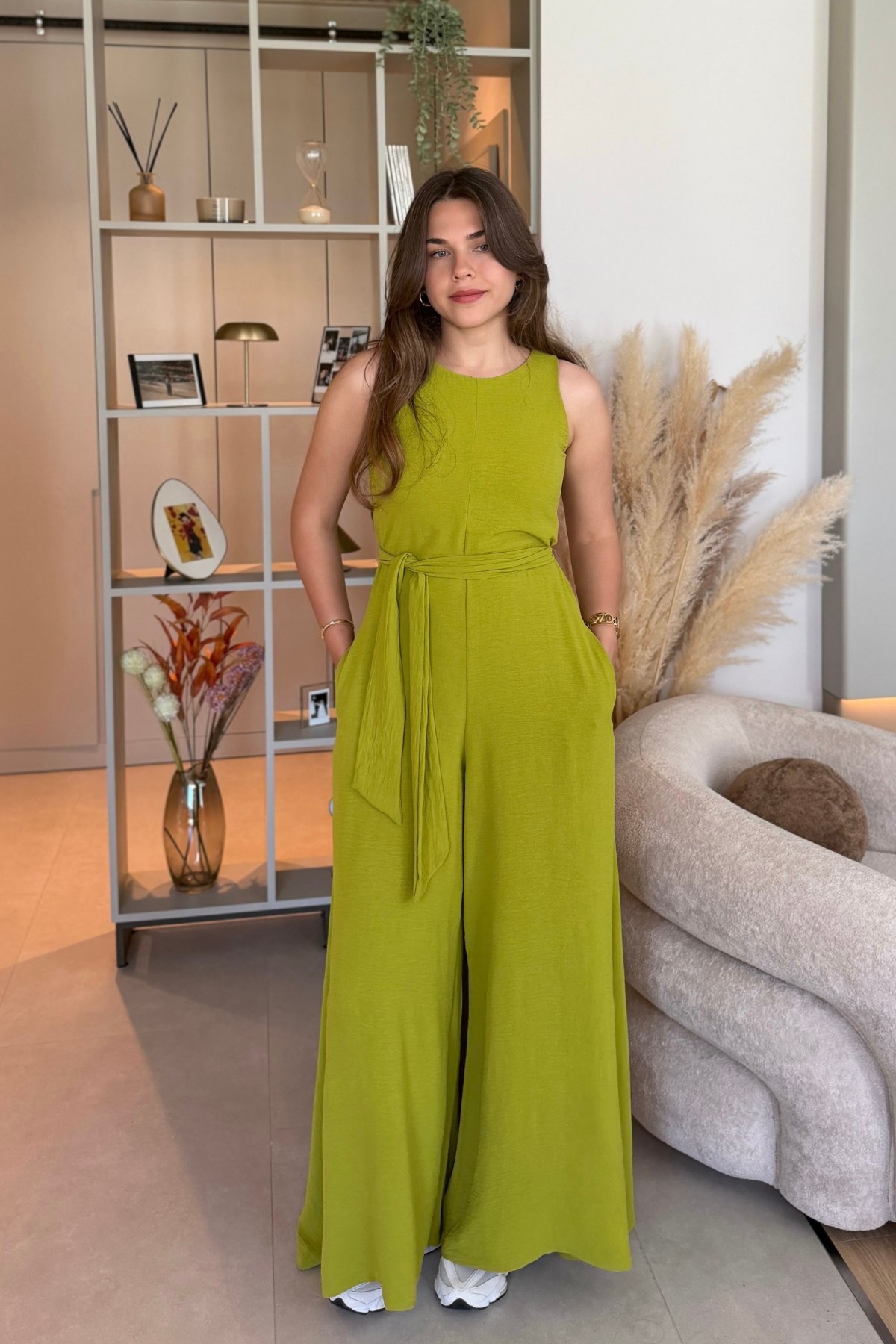 Kuşaklı Cepli Şık Yeşil Tulum