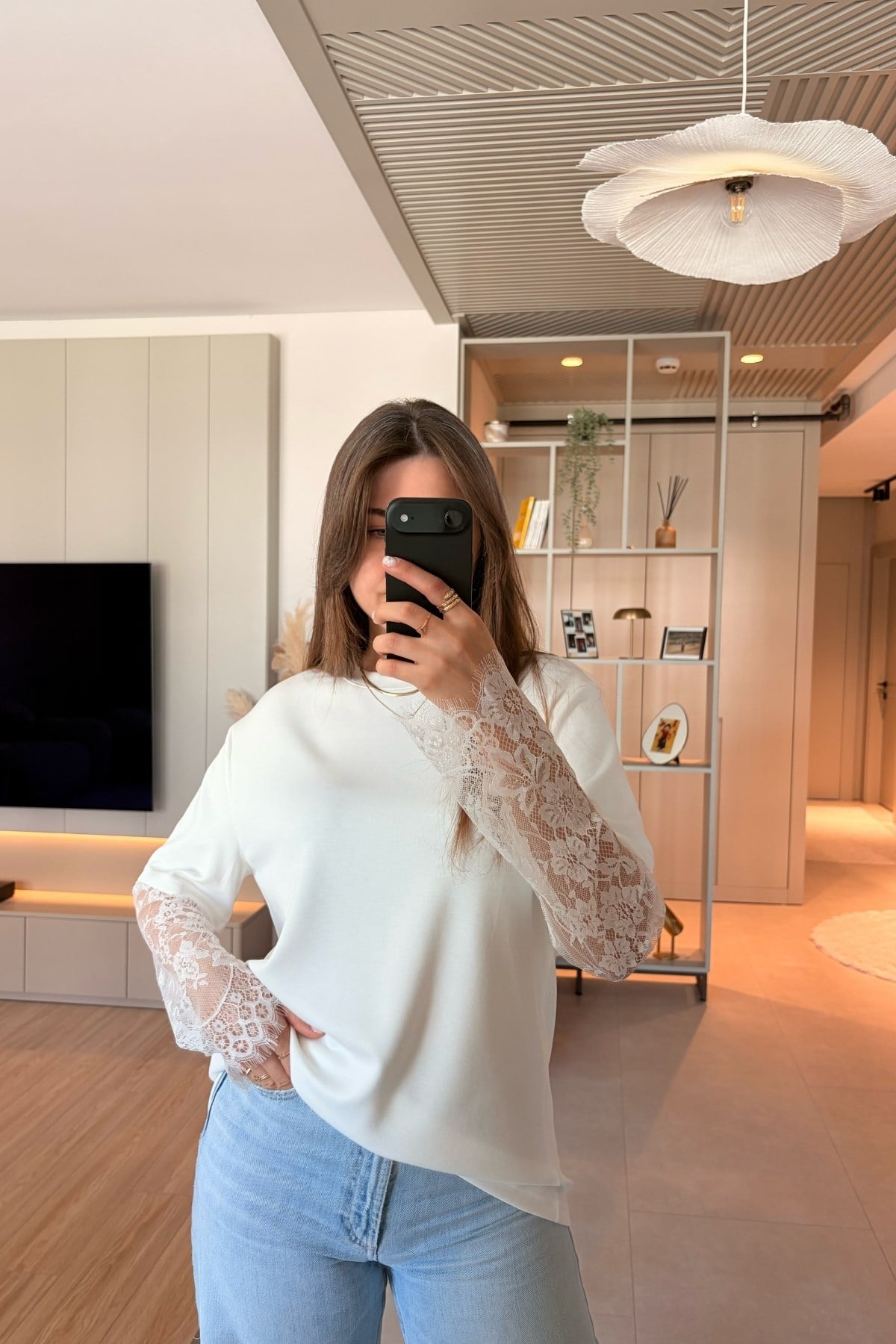  Dantel Detaylı Oversize Şık Beyaz Modal Bluz