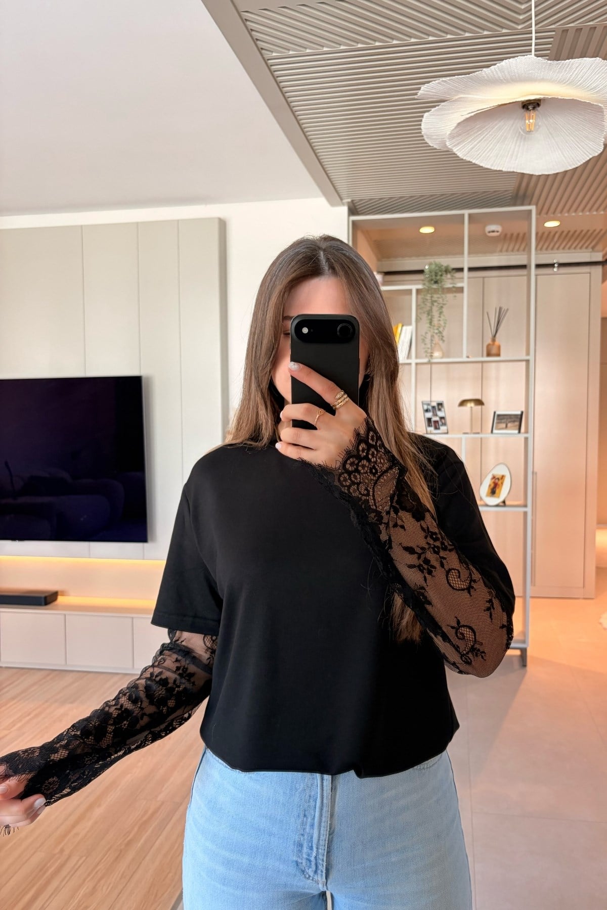 Dantel Detaylı Oversize Şık Siyah Modal Bluz